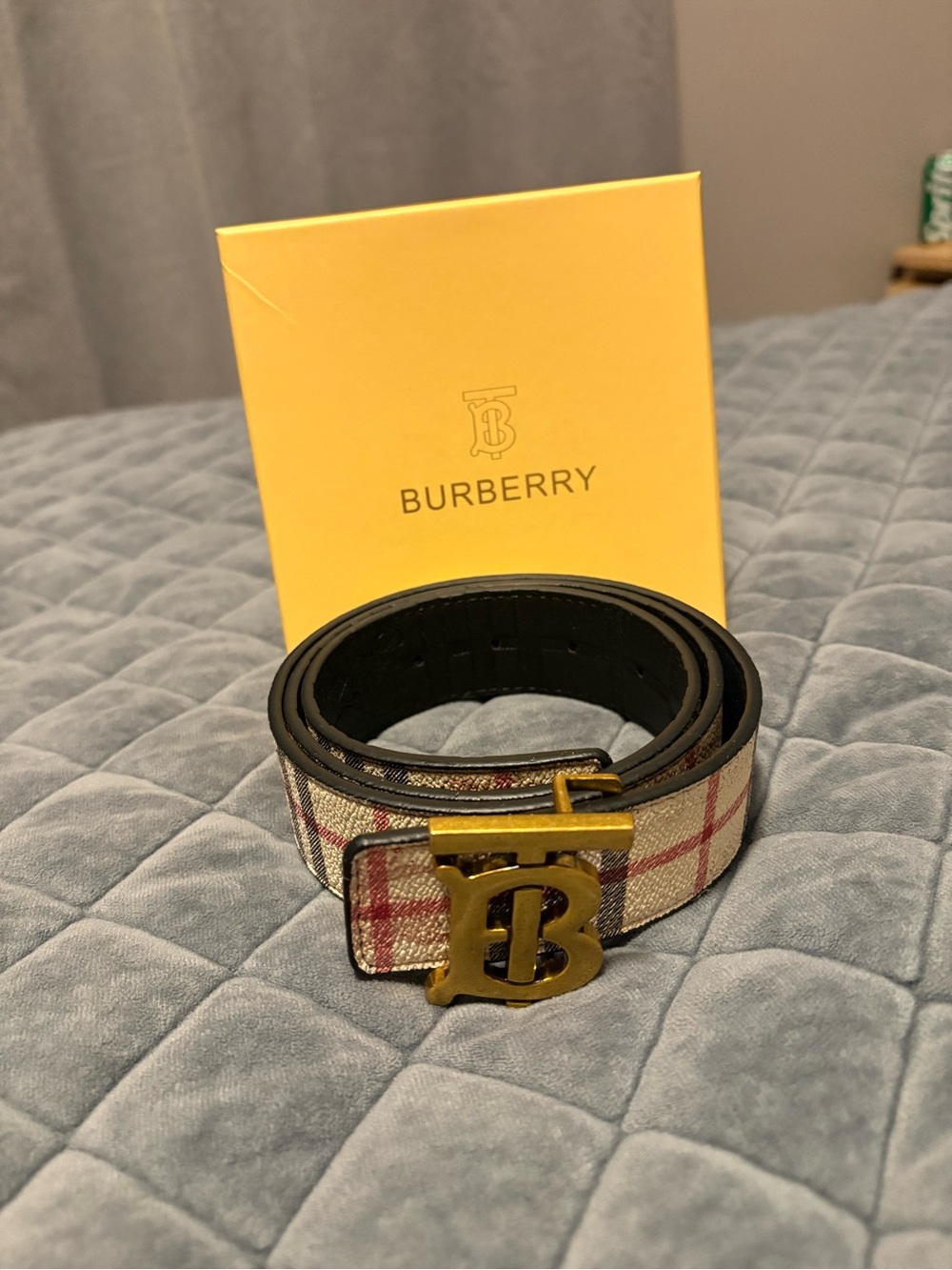 Burberry Plaid Men’s Belt with Gold TB Buckle